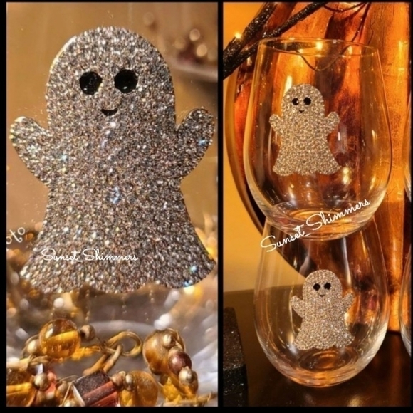 2pc Halloween GHOST Silver Crystal Rhinestone Stemless Wine Glass Set New - Picture 8 of 8